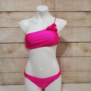 Isabella Rose Hot Pink Shimmer Ruffle One Shoulder Strap Bikini Small